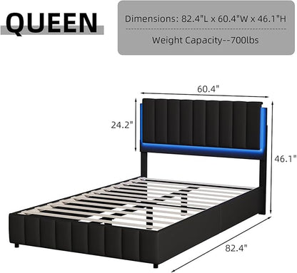 Queen Bed Frame with LED Lights and Headboard, Modern Upholstered Faux Leather Platform Bed with Wooden Slats Support, No Box Spring Needed, Easy Assembly, Black