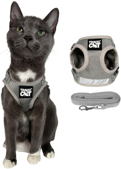 Travel Cat Harness and Leash Set - Adjustable Fit Mesh Cat Harness and Reflective Strap - Comfort Walking Vest for Kitten for Outdoor Walking, Hiking (Large, Grey)
