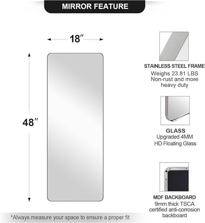 ANDY STAR 18" x 48" Full Length Wall Mirror, Large Brushed Nickel Mirror