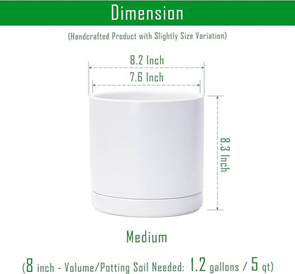 D'vine Dev 8.2 Inch Ceramic Planter Pot, White, 94-O-D-1 | Modern Cylinder Design, Drainage Hole & Saucer Included, Stable Structure, Elegant Home Accent
