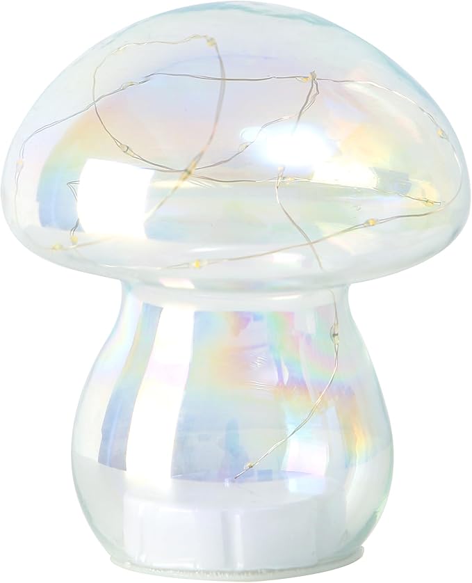 Glass Mushroom Table Lamp, 5.9" Cute LED Night Light for Home Decor, Battery Operated (3 AA), Modern Ambient Light for Living Room Bedroom Office Clear