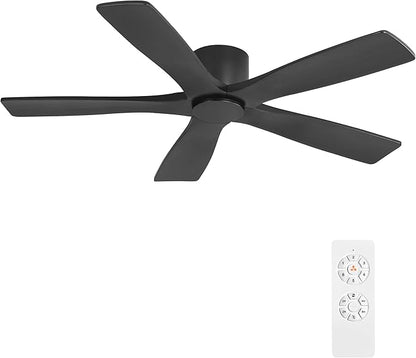 WINGBO 48" Flush Mount DC Ceiling Fans Without Lights, 5 Carved Solid Wood