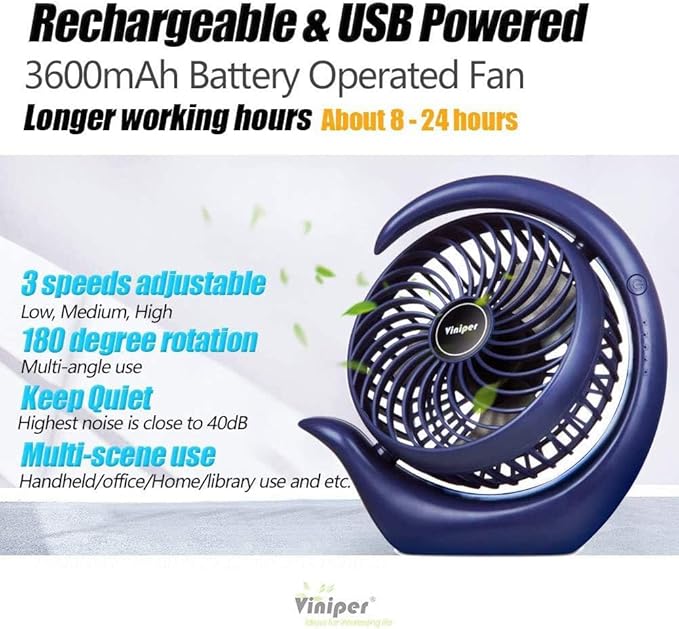 Viniper Portable Rechargeable Fan, Small Desk Fan : 3 Speeds & about 8-24 Hours