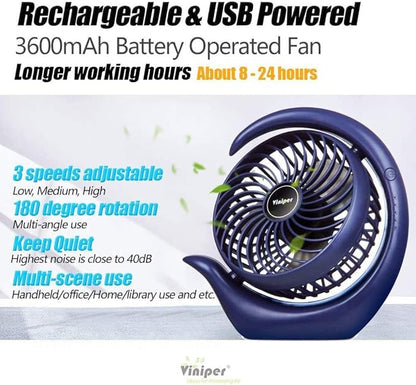 Viniper Portable Rechargeable Fan, Small Desk Fan : 3 Speeds & about 8-24 Hours