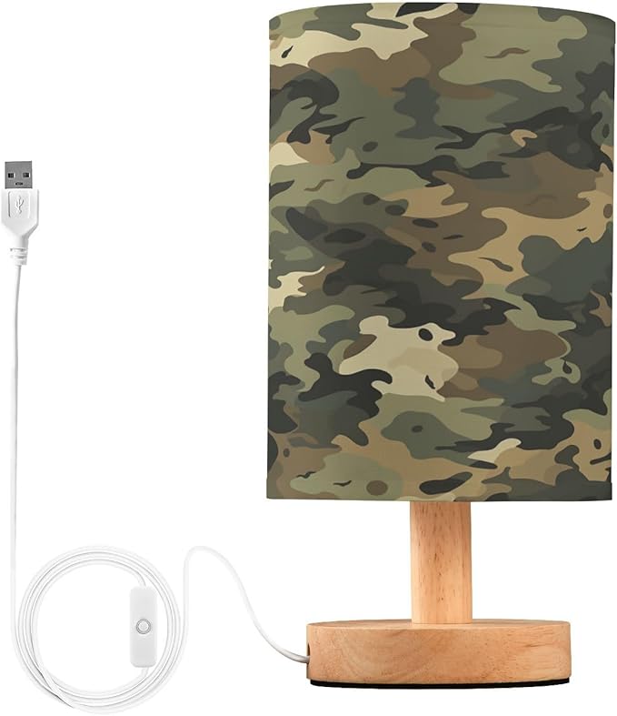 Green Vintage Camouflage LED Table Lamp for Bedroom Bedside Lamp with USB Charging Ports Decor Nightstand for Living Room Reading Dorm Desk Home Office