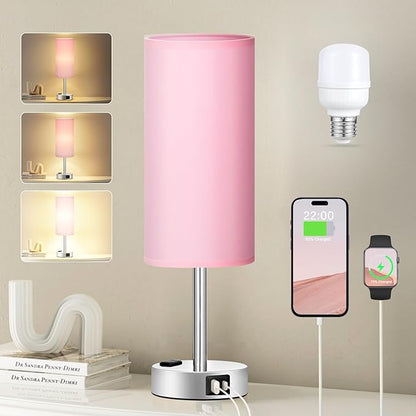 Fenmzee Pink Lamp for Bedroom Nightstand - 3 Way Dimmable Touch Table Lamp USB C Charging Ports, Small Lamp with AC Outlet for Desk Girls Room, LED Bulb Included