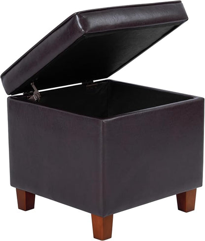 HomePop Leatherette Tufted Square Storage Ottoman with Hinged Lid, Brown Small