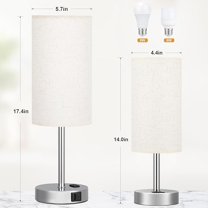 17.4Inch Bedside Touch Table Lamps for Bedroom Nightstand with USB-C USB-A Charging Ports White - 3 Way Dimmable Control Small Lamp Fabric Shade Silver Base for Office, Dorm Room, Living Room, Reading