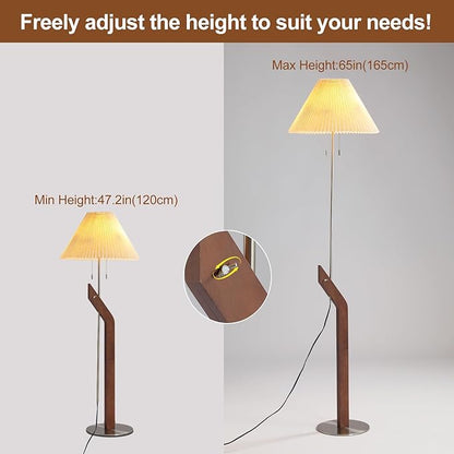 Wood Floor Lamp,2-Light Modern Mid Century Vintage Floor Lamp, Height Adjustable Living Room, Study Room,Bedroom,Office Tall Standing Lamp,Linen Lampshade