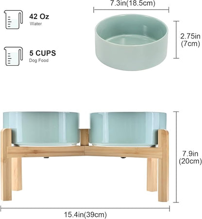 SPUNKYJUNKY Elevated Dog Bowls Ceramic, 7.3'' Dogs Food Water Bowls Raised with Non-Slip Bamboo Stand for Medium to Large Sized Breed Microwave Dishwasher Safe - 42 OZ,Light Green