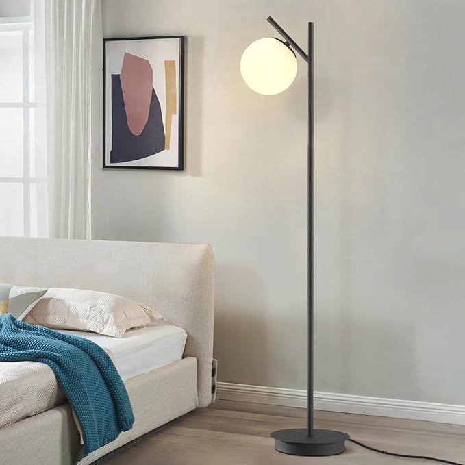 Modern Floor Lamp for Living Room Retro Vintage Tall Standing Lamp Mid Century Black Freestanding Lamp Contemporary Glass Floor Lamps for Bedroom Office Hotel