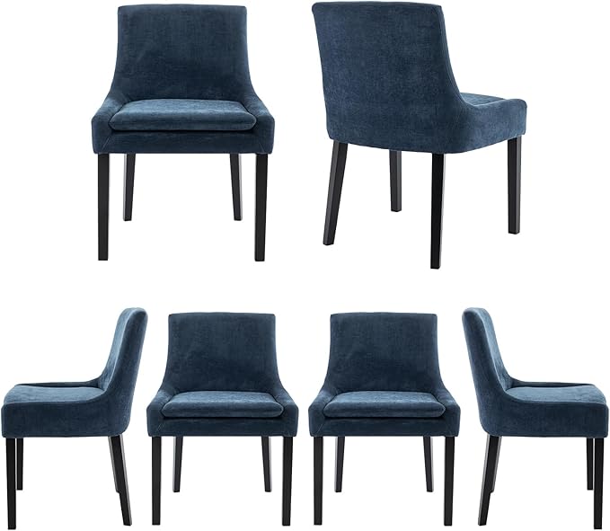 COLAMY Modern Dining Chairs Set of 6, Upholstered Corduroy Accent Side Leisure Chairs with Mid Back and Wood Legs for Living Room/Dining Room-Blue