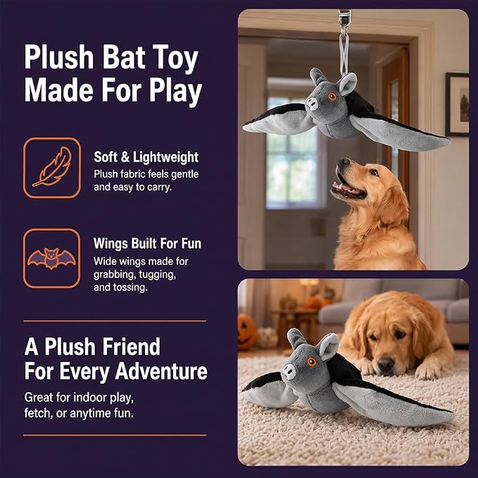 Flapping Bat Dog Toy, Flying Bat Toy for Dogs & Cat with Chirping & Flapping Wings, Interactive Rechargeable Bat Toy, Hanging Solo Play & Wand Compatible，1PC