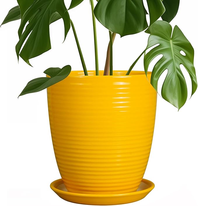 Ceramic Plant Pot - 8 Inch Planter Pot with Drainage Hole and Saucer Round Planter for Indoor Outdoor Plants Flower Pot for Home Patio Garden Office Yellow