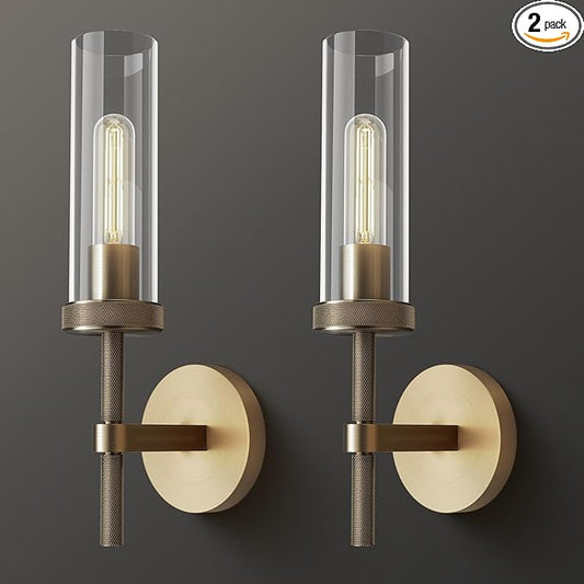 14" Bathroom Vanity Wall Sconces, Gold Wall Sconces Set of Two,Glass Tube Sconces Wall Lighting Indoors,Wall Lights for Mirror, Living Room, Bedroom, Hallway