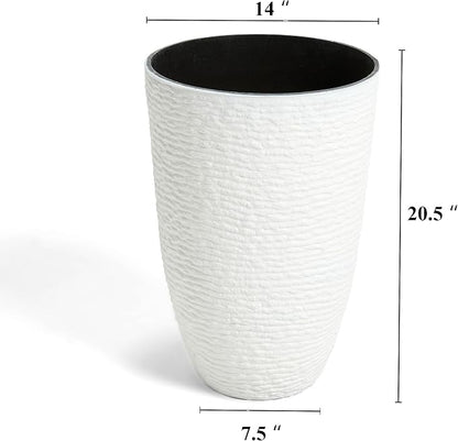 Worth Garden 2-Pack 21" H. White Tall Planters - 14'' Dia Resin Large Round Flower Pots for Outdoor Plants Trees - Imitation Stone Finish Plastic Indoor Front Porch 9 Gallon Decorative Container Patio