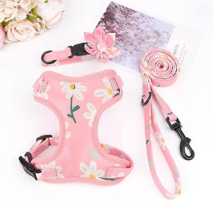 Beirui Cute Dog Collars,Harnesses,Leashes Set, Floral Pattern, Pink-1,XXS | Girl Dog Harness Set with Flower, Adjustable and Soft Mesh Lining, For Puppies Small & Extra Small Dogs Daily Walks
