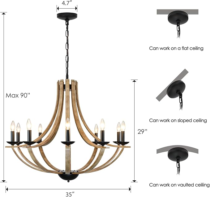 Farmhouse Chandeliers for Dining Room Light Fixture, 10-Light 35" Adjustable Height Retro Faux Wood Texture Rustic Light Fixtures for Living Room Bedroom Kitchen Island Foyer Entryway