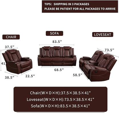 Dekmxas Living Room Furniture Sets, Power Reclining Sofa Set with LED Light, Brown 3-Piece Power Recliner Sofa with Cup Holders, Storage Console, Drop-Down Table for Office/Living Room/Home Theater
