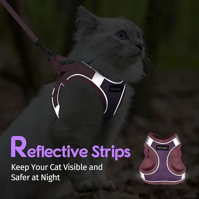 Dooradar Cat Harness and Leash Set, Escape Proof Lightweight Kitten Harness, Soft Breathable Reflective Vest for Outdoor Walking Traveling, Adjustable for Medium Cats, Purple & Pink, M