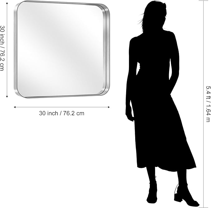 CIRCUMI Silver Bathroom Mirror, Rounded Corner, Tempered Glass, Square Mirror