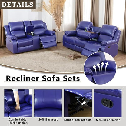 A Ainehome Living Room Furniture Set Leather Recliner Sofa Set Loveseat Chair Furniture Sofa Set for Living Room/Small Space/Rv/House/Office/Theater Seating (A-Blue Leather, Sofa+Loveseat)