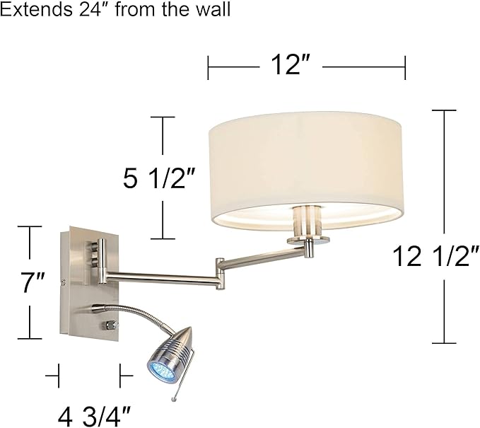 Possini Euro Design Tesoro Modern Swing Arm Wall Mounted Lamp Adjustable LED Brushed Nickel Plug-in Light Fixture Off White Drum Shade for Bedroom Bedside House Reading Living Room Home Hallway