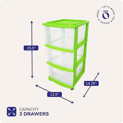 HOMZ Drawer Tower, 3-Tier Clear Plastic Storage Organizer Cart, Bold Lime Frame