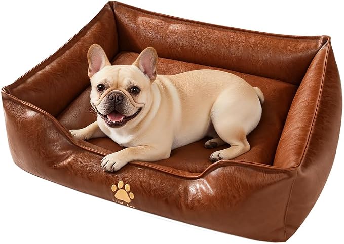 SOMAHE Waterproof Leather Dog Bed, Bolster Couch, 39x32x11 Brown | Wipe-Clean Waterproof Leather + Removable Cushion: 11-inch bolsters give large dogs more room to curl and lean.