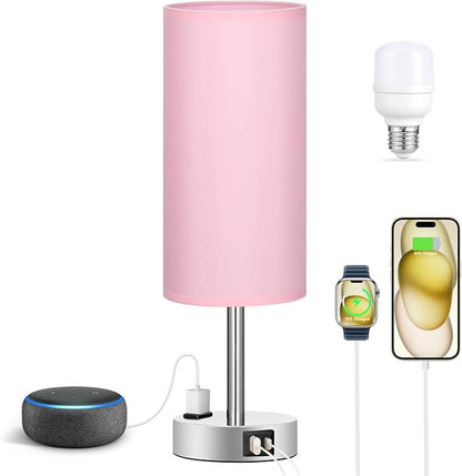 Fenmzee Pink Lamp for Bedroom Nightstand - 3 Way Dimmable Touch Table Lamp USB C Charging Ports, Small Lamp with AC Outlet for Desk Girls Room, LED Bulb Included