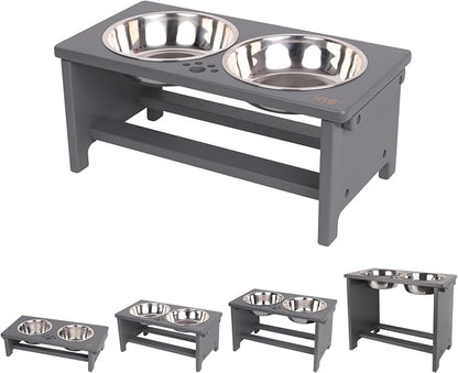 HTB Elevated Dog Bowl Stand with 2 Stainless Steel Bowls-7" H Medium Grey | Raised Dog Bowl Stand, 7"tall, 29 Oz Bowls, for Medium Sized Dogs, Pet-safe, Solid Bamboo