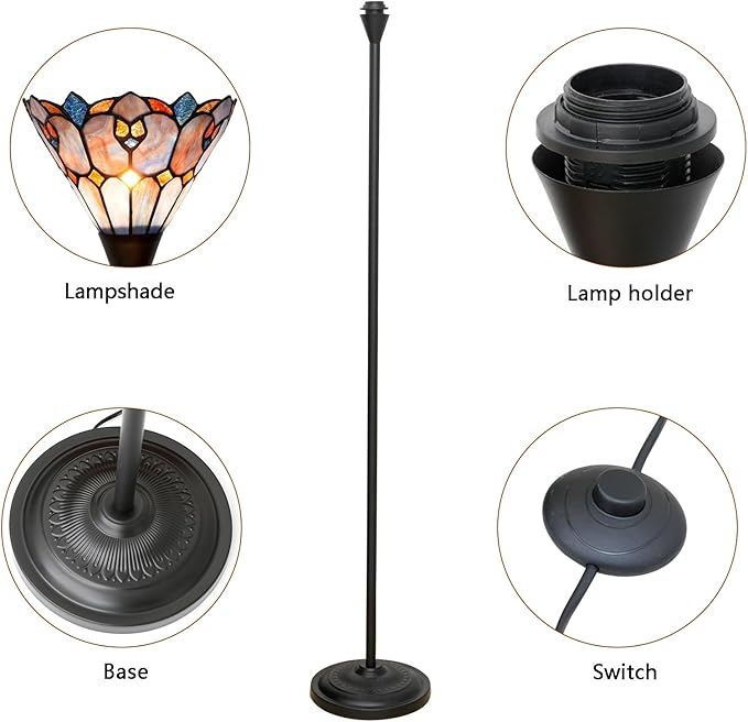 Tiffany Stained Glass Torchiere Floor Lamp Tiffany Style Standing Corner Light Antique Handcrafted Pole Floor Reading Uplight Lamp (Bulb Include)