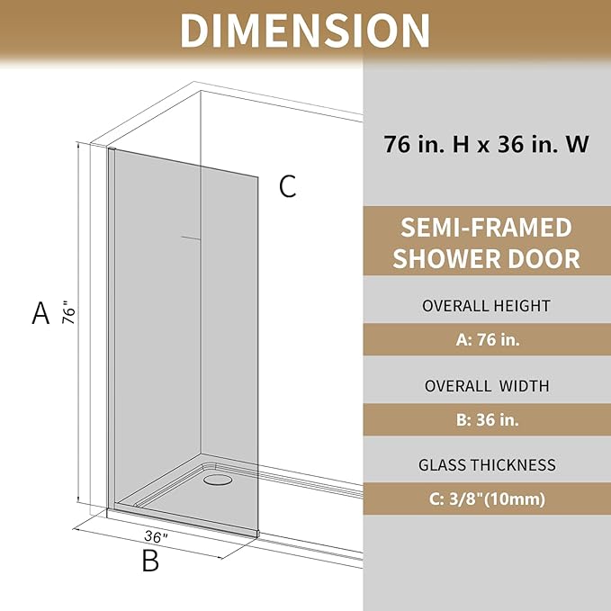 36"x76" Fixed Glass Shower Door, Single Mirror Privacy 3/8" Thick Tempered Glass
