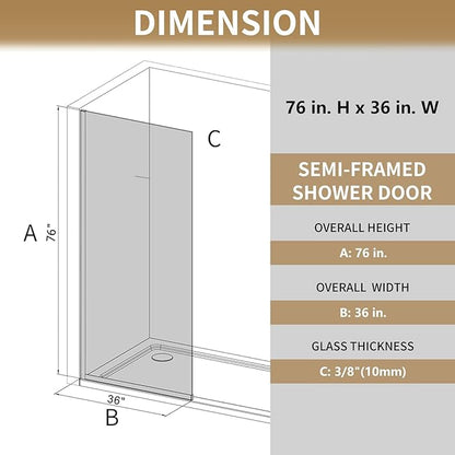 36"x76" Fixed Glass Shower Door, Single Mirror Privacy 3/8" Thick Tempered Glass