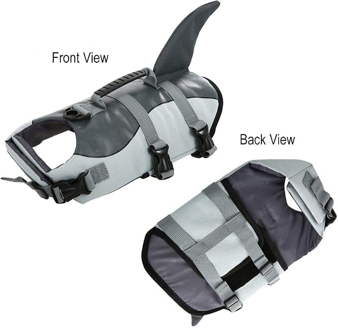 Dog Life Jacket Ripstop Shark Dog Safety Vest Adjustable Preserver with High Buoyancy and Durable Rescue Handle for Small,Medium,Large Dogs, Grey Shark Small