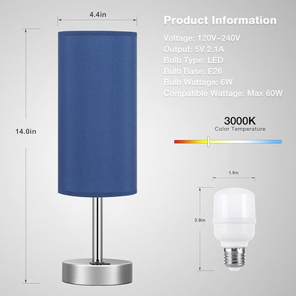 Navy Blue Touch Lamp for Boys - Small Nightstand Lamp with USB-C and USB Charging Ports, 3 Way Dimmable Bedside Table Lamp with Fabric Shade Silver Base for Nursery, Dorm, Office, Reading