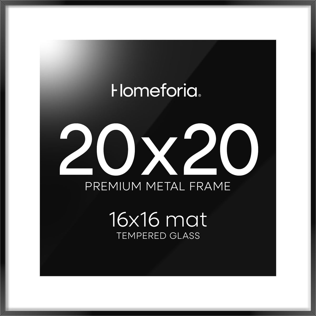 Homeforia 20x20 Picture Frame Black, High End Metal 20x20 Square Poster Frame Matted to 16x16 Print, 20 x 20 Black Frames with Mat 16 x 16 Photo, 20by20 Thin Frames, Tempered Glass, Wall Kit, Set of 1