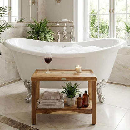 EcoDecors Eleganto 24 Inch Natural Color Waterproof Teak Wood Shower Bench Stool Seat Chair For Inside Shower Provides Safety, Storage, and Organization For Bathroom Accessories