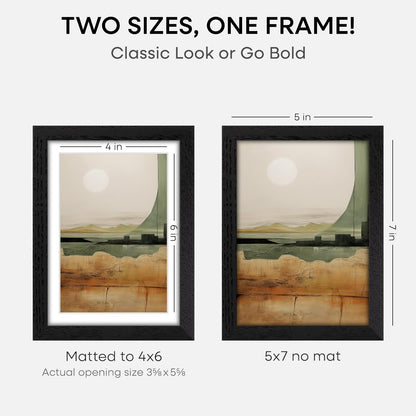 Homeforia 5x7 Picture Frame Black Wood, High End Oak 5by7 Black Wooden Frames with Mat 4x6 Print, 5 x 7 Frame Matted to 4 x 6 inch Photo, 7x5 Wall or Tabletop Frame, Tempered Glass, Wall Kit, Set of 1