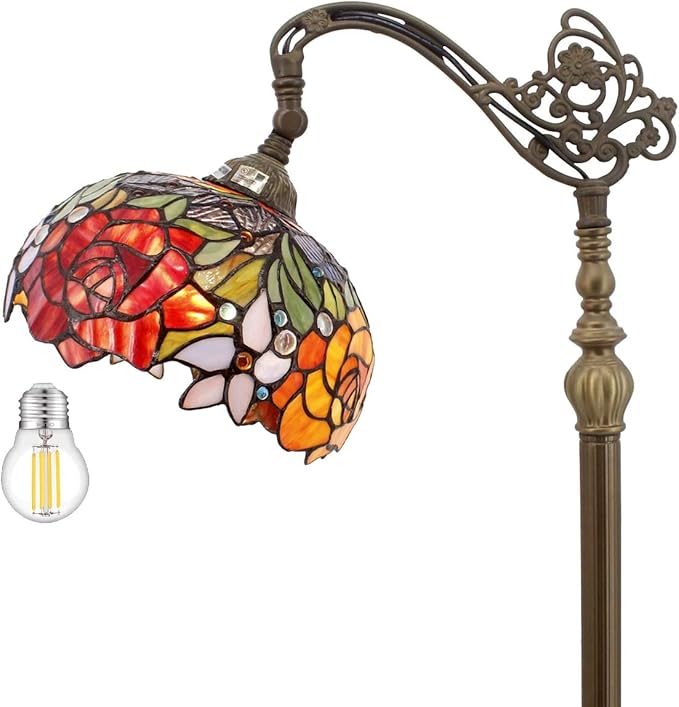WERFACTORY Tiffany Floor Lamp Red Rose Flower Stained Glass Arched Lamp 10X18X64 Inches Gooseneck Adjustable Corner Standing Reading Light Decor Bedroom Living Room S001 Series
