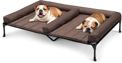 Veehoo Elevated Dog Bed for 2 Dogs, Cooling Raised Dog Bed with Bolster Mat | Outdoor Double Dog Bed with Removable Waterproof Cushion, Breathable Mesh, Non-Slip Feet for Outdoor & Indoor, 53", Brown