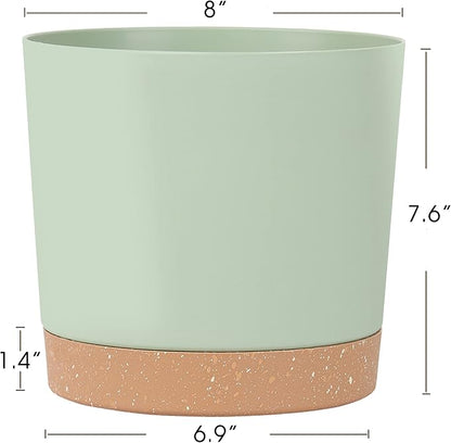 kubvici 8'' Plastic Flower Planter Pots Set of 2 Indoor Outdoor Planters with Drainage Saucer for Garden Home (Green & White, 8 inch)