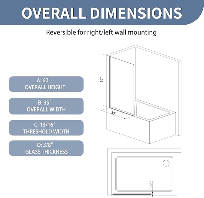 35" W x 60" H Bathtub Fixed Glass Panel, 3/8" Tempered Glass