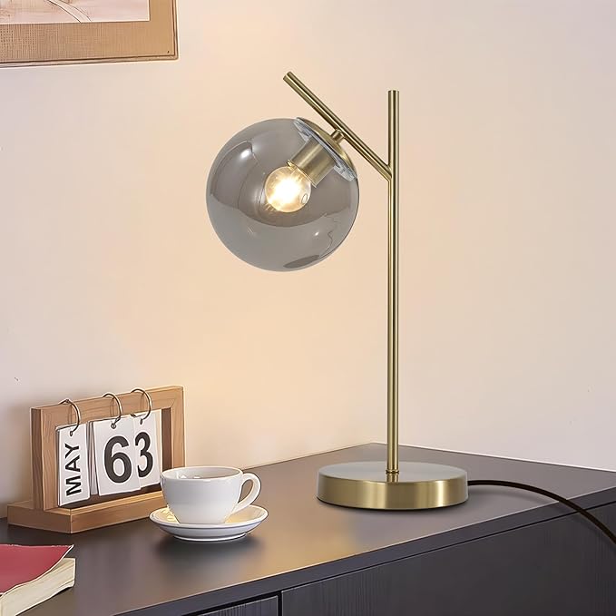 Mid Century Desk Lamp, Glass Globe Table Lamp with Gray Glass lampshade, Gold Modern Bedside Lamps for Bedroom Living Room Study Room