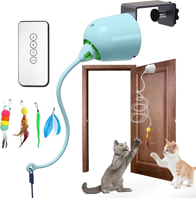 Cat Toys Interactive for Indoor, Cats Toy Hanging Door Electric for Bored,Feathers Toy Kitten Rechargeable Door Hanging Automatic String with 4pcs Feathers Toys(Blue)