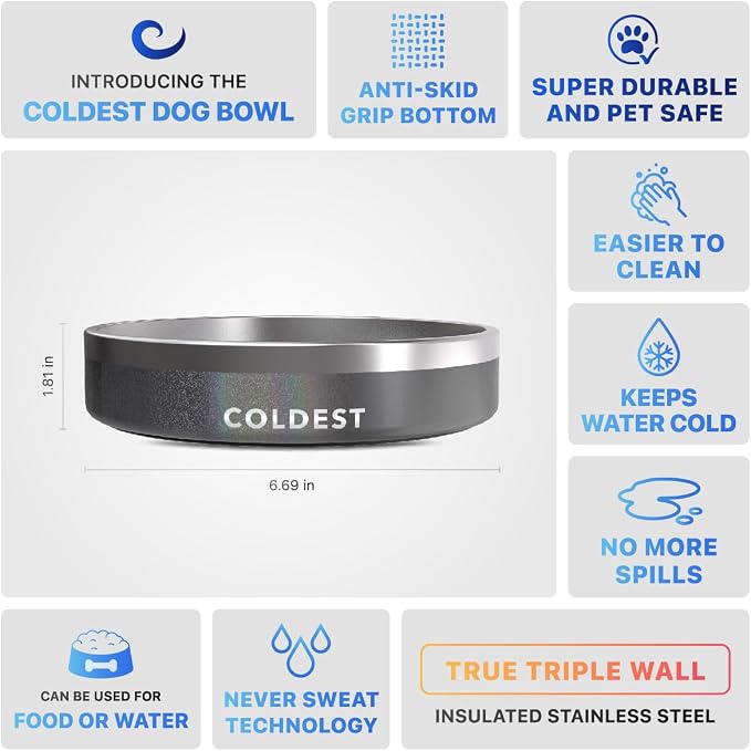 Coldest Dog Bowl - Anti Rust Metal, Non Slip, 3 Layers Insulated Stainless Steel Dog Bowls - Spill Proof & Heavy Duty - Water Bowl for Dogs, Cats & Pets, Dish Washer Safe (21 oz, Stardust Glitter)