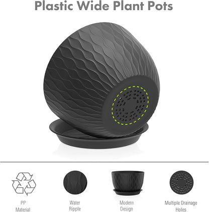 Meowell 12/10/9 inch Large Plant Pots, 3 Pack Wide Flower Pots for Outdoor Indoor Plants with Water Ripples, Big Plastic Planters with Drainage Holes and Saucers for Garden House Plants, Black