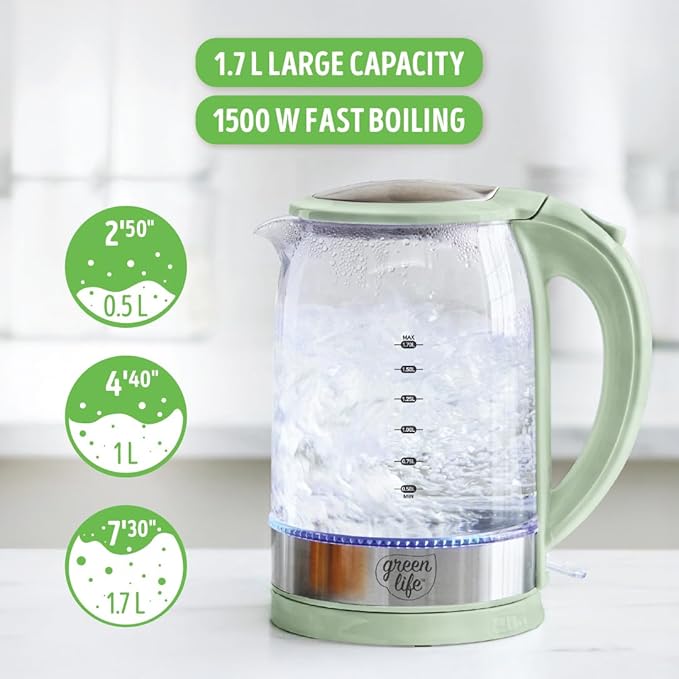 GreenLife 1.7 Liter Glass Electric Kettle, Easy One Touch Use, Quick Heating
