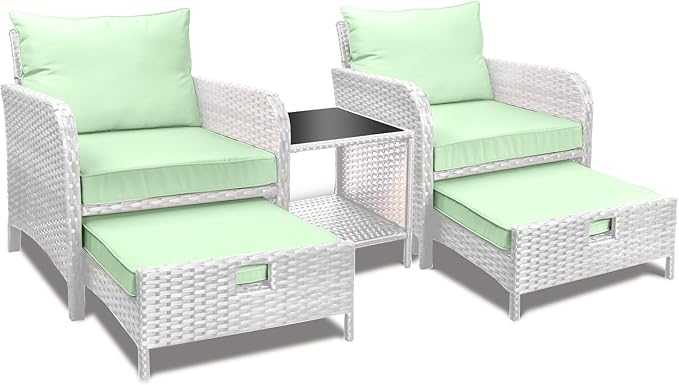 LEVELEVE Balcony Furniture 5 Piece Patio Conversation Set, PE Wicker Rattan Outdoor Lounge Chairs with Soft Cushions 2 Ottoman&Glass Table for Porch, Lawn-Grey Wicker