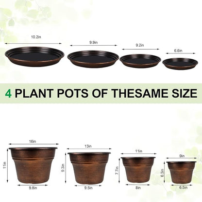 Plant Planters Pots Set of 4 Pack 11 Inch, Plastic Flower Pot For Indoor Plants With Drainage Holes & Trays, Resin Decorative Container Sets With Saucer For House Outdoor Garden Planters Copper